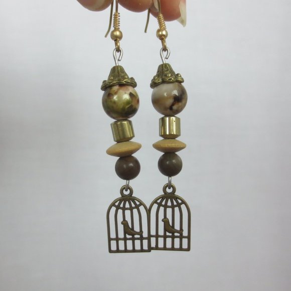 Natural Brown Agate Wood & Brass Dangle Earrings - Picture 1 of 6